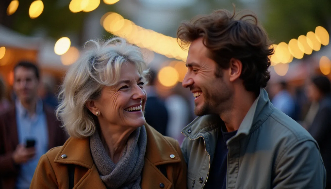 Femme mûre et homme plus jeune complices lors d'un événement culturel en France, illustrant une rencontre cougar réussie