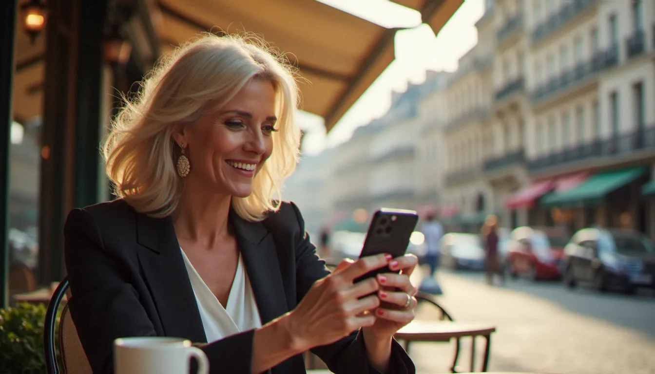 Femme mûre élégante dans un café parisien consultant son téléphone pour rencontrer des cougars gratuitement en ligne