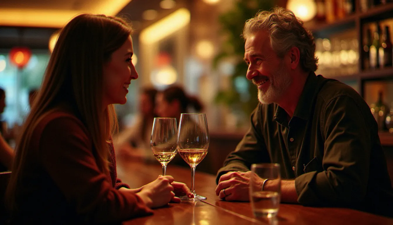 Un homme et une femme de générations différentes en conversation authentique dans un bar à vins, illustrant une rencontre cougar réussie