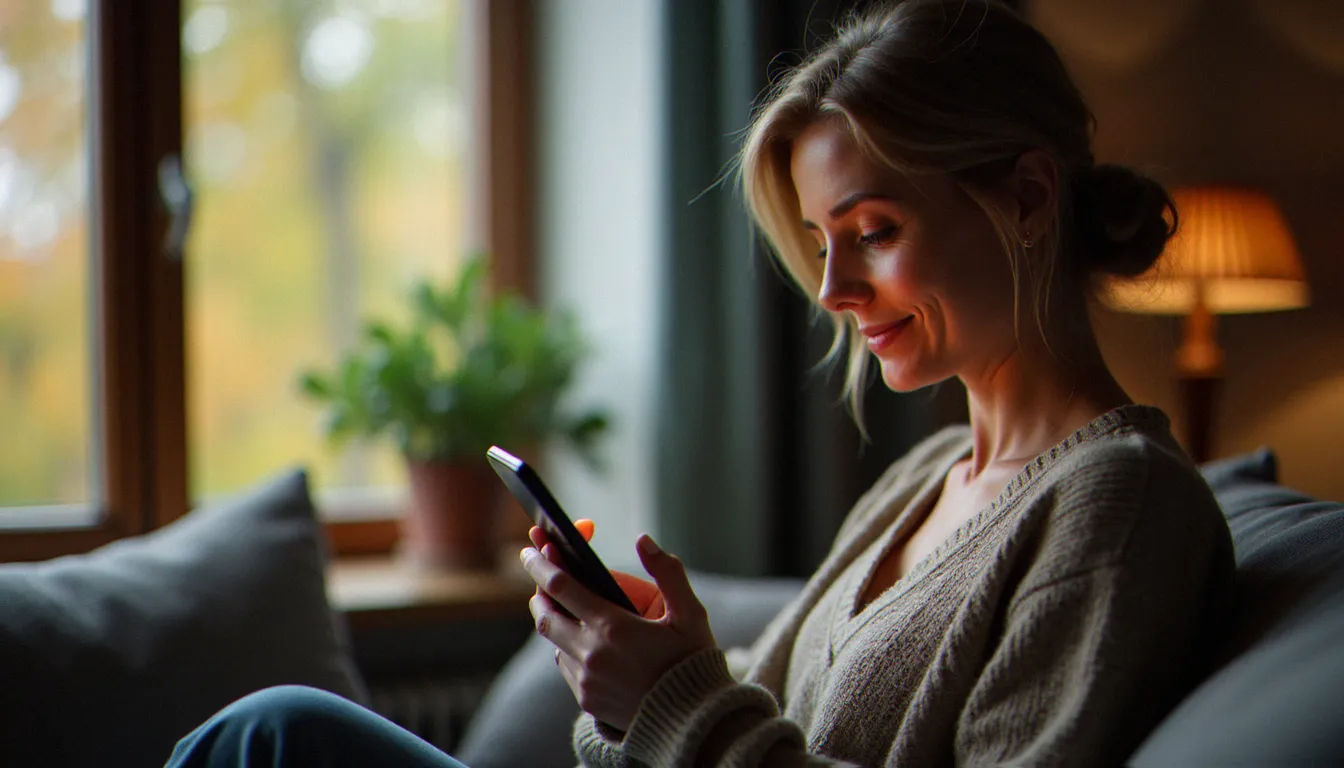 Femme mûre utilisant une application de rencontre sur son téléphone, dans un intérieur chaleureux, évoquant les outils numériques pour rencontrer une cougar