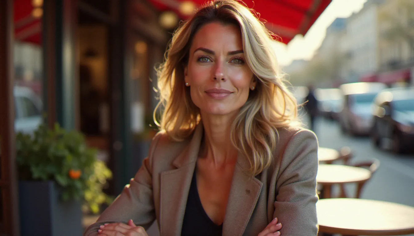 Femme mûre élégante à la terrasse d'un café parisien, incarnant la confiance et le style des femmes qui choisissent de rencontrer une cougar