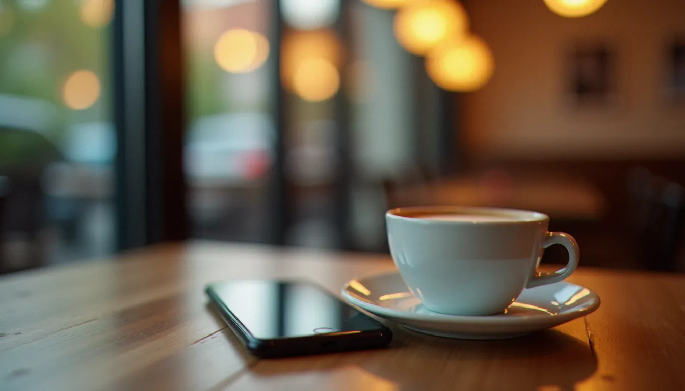 Application de rencontres sur smartphone posée sur une table de café, symbolisant les plateformes pour rencontrer une femme cougar en ligne