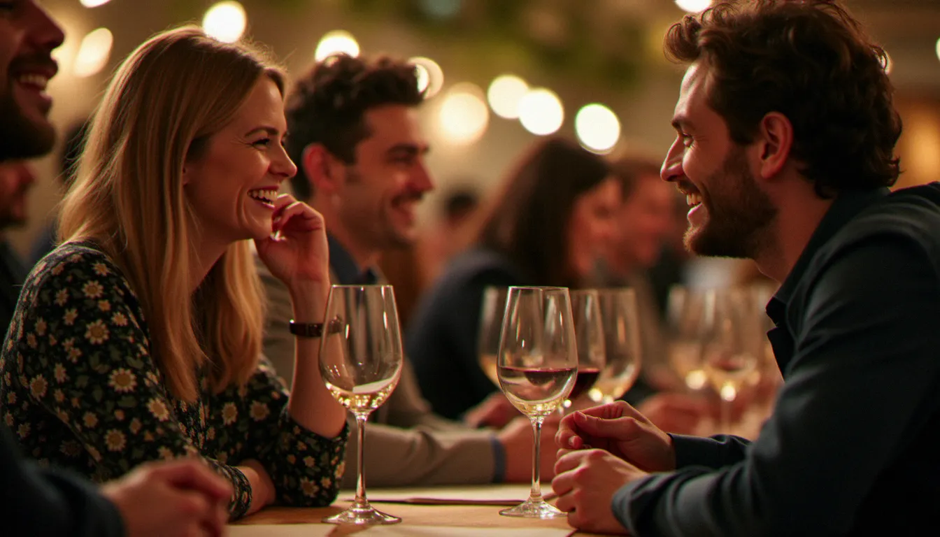 Homme jeune et femme mature en conversation lors d'un événement œnologique, illustrant une rencontre naturelle entre partenaires d'âges différents