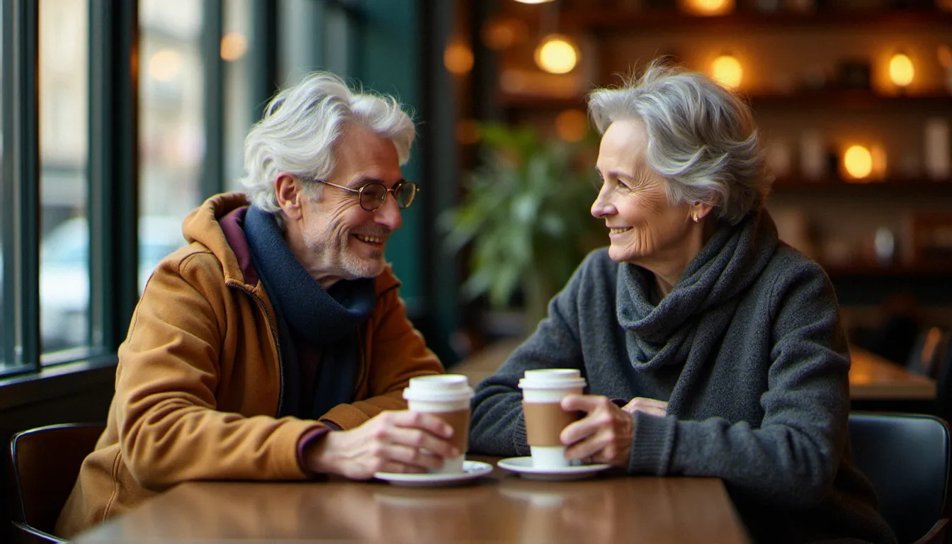 Deux personnes d'âges différents en conversation authentique dans un café moderne, évoquant une rencontre cougar