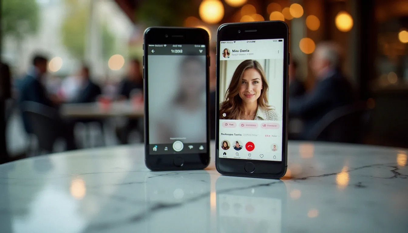 Comparaison entre une application de rencontre généraliste et une plateforme spécialisée pour femmes matures sur deux smartphones posés sur une table de café