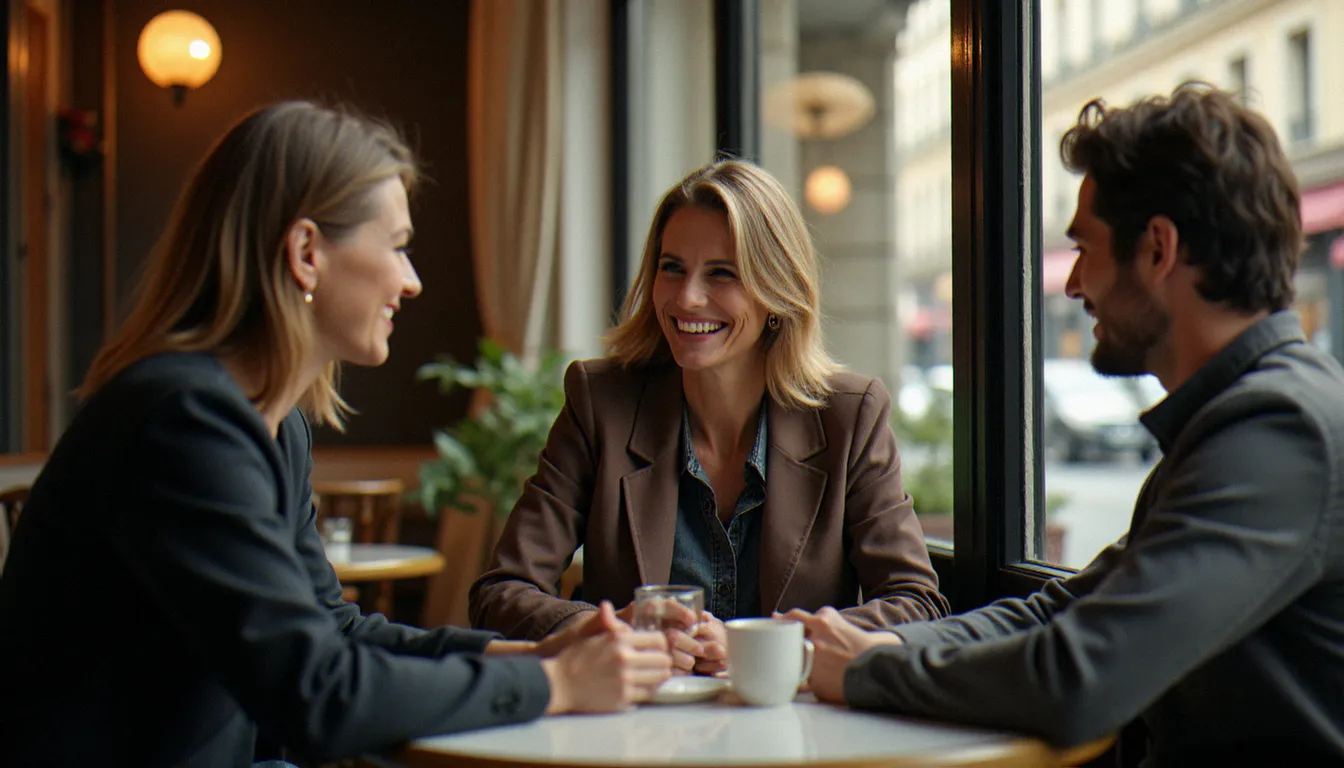 Femme mature souriante lors d'un premier rendez-vous dans un café parisien avec un homme plus jeune rencontré sur un site de rencontre spécialisé
