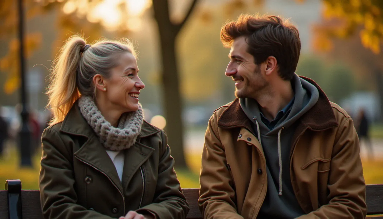 Femme mûre et jeune homme discutant sur un banc dans un parc français, illustrant une rencontre issue d'un site rencontre cougar