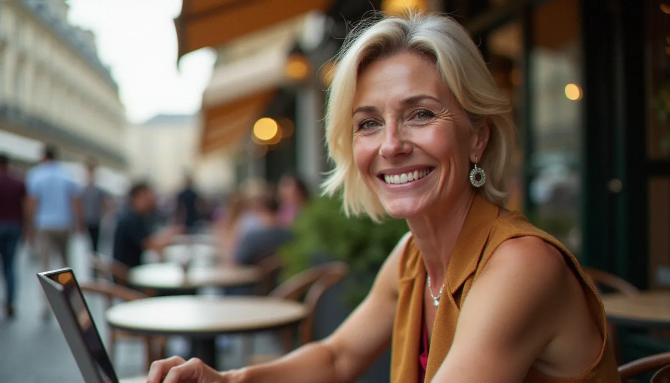Femme mature élégante consultant un site rencontre cougar sur son ordinateur dans un café parisien