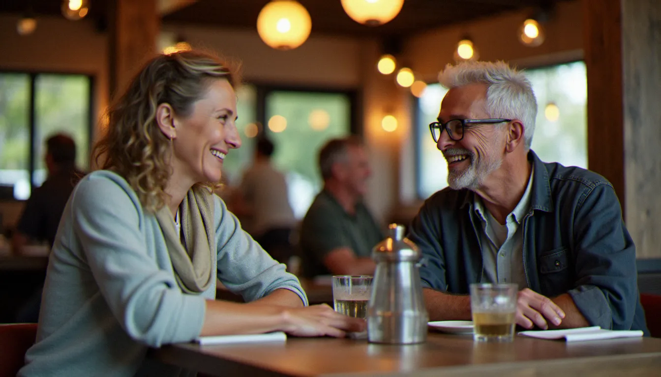 Couple avec écart d'âge visible discutant dans un restaurant, illustrant la dynamique relationnelle liée à l'âge dans un couple cougar