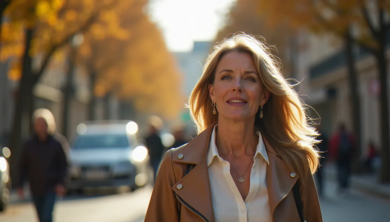 Femme épanouie dans la cinquantaine marchant avec assurance dans une ville française, symbole de liberté et de confiance à l'âge cougar