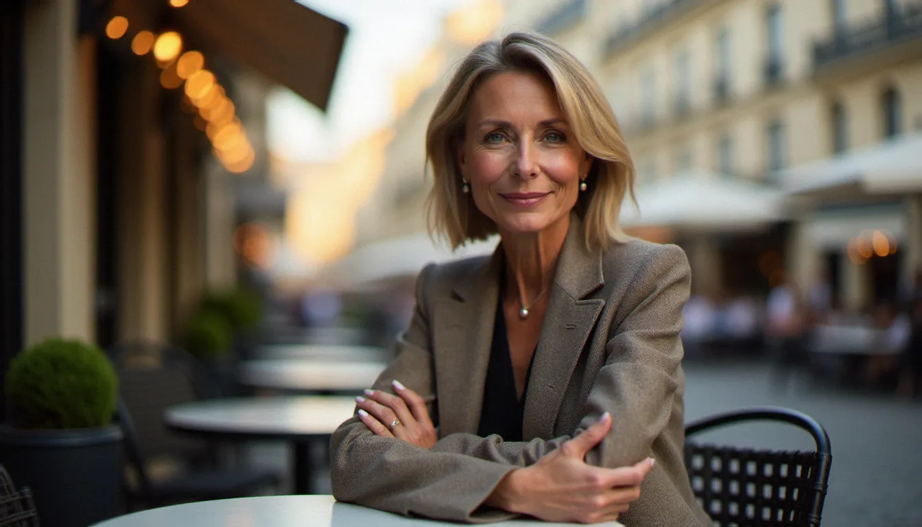 Femme mûre élégante assise en terrasse à Paris, incarnant la confiance en soi associée à l'âge d'une femme cougar