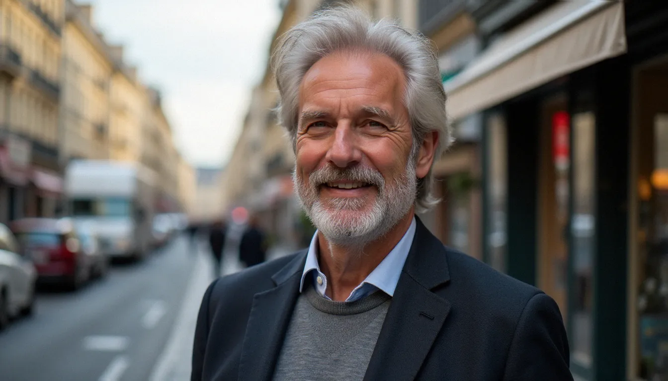 Un homme mûr élégant aux tempes grisonnantes dans une rue parisienne, représentant le profil silver fox ou équivalent masculin de la cougar