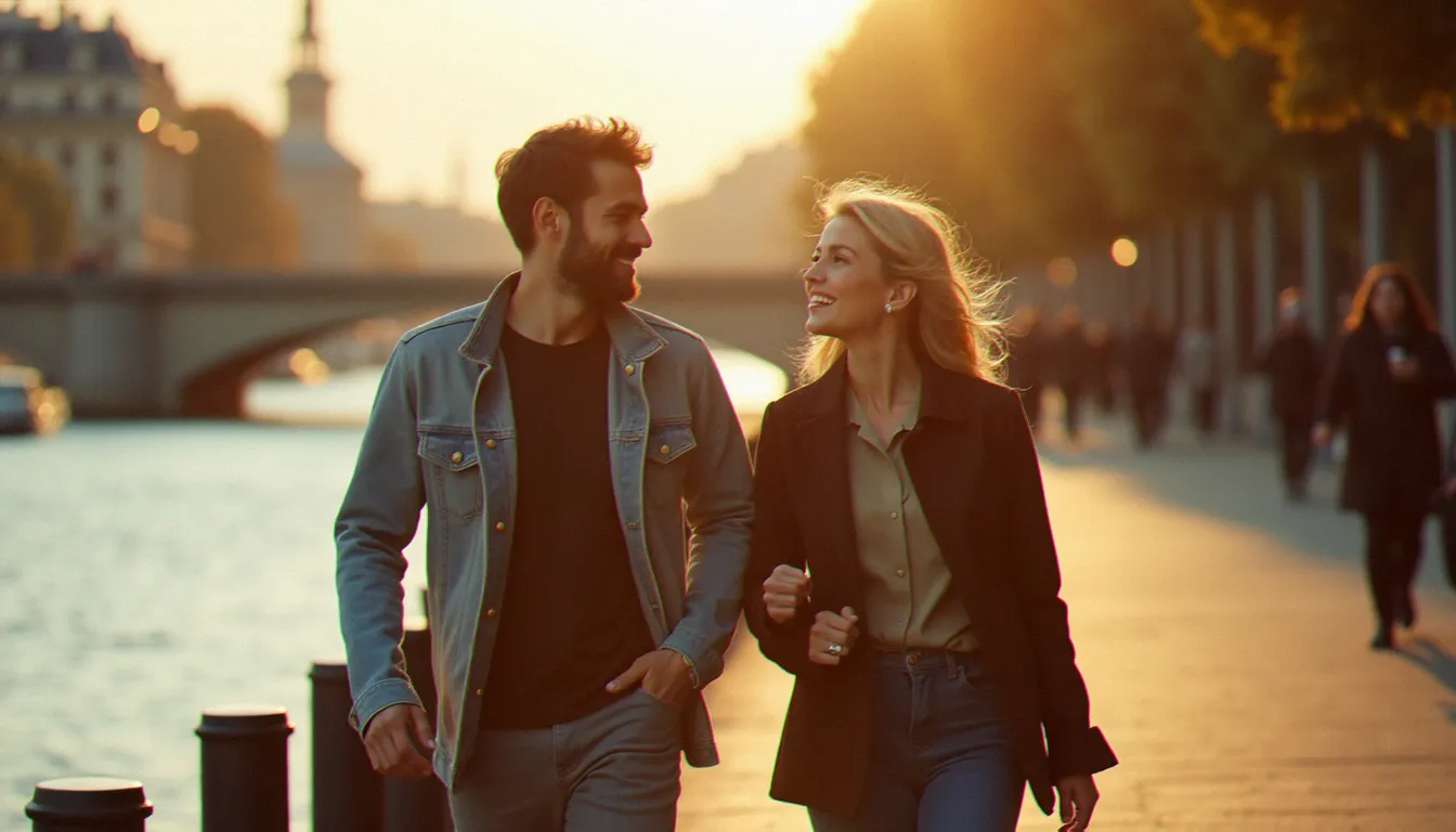 Un jeune homme et une femme d'expérience se promenant ensemble au bord de la Seine à Paris, illustrant une relation intergénérationnelle épanouie