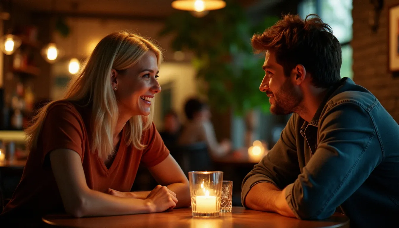 Conversation animée entre une femme mûre et un homme plus jeune autour d'un verre dans l'atmosphère intime d'un bar lounge