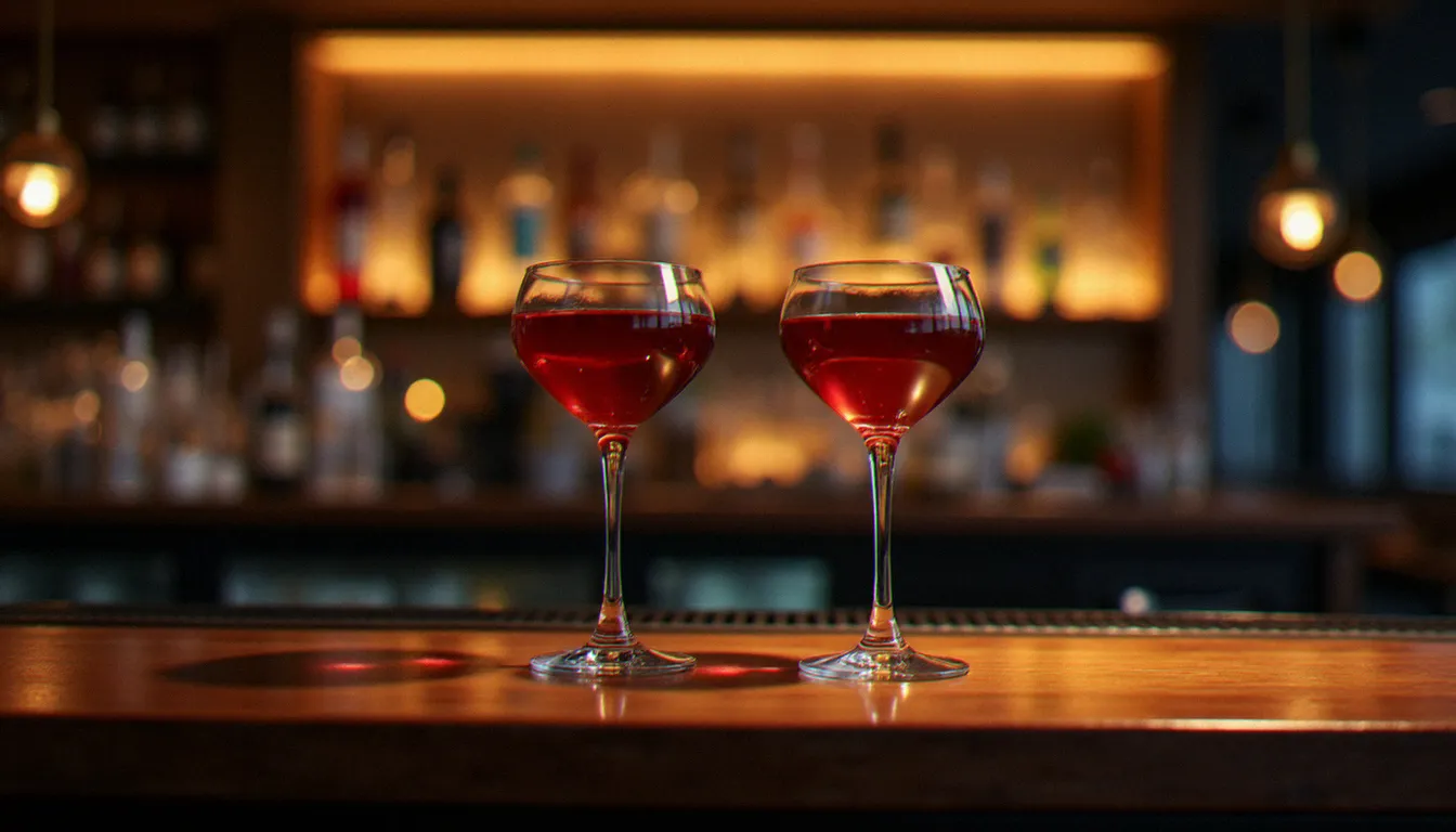 Comptoir de bar élégant avec deux verres de vin dans une ambiance tamisée évocatrice d'un cougar bar raffiné