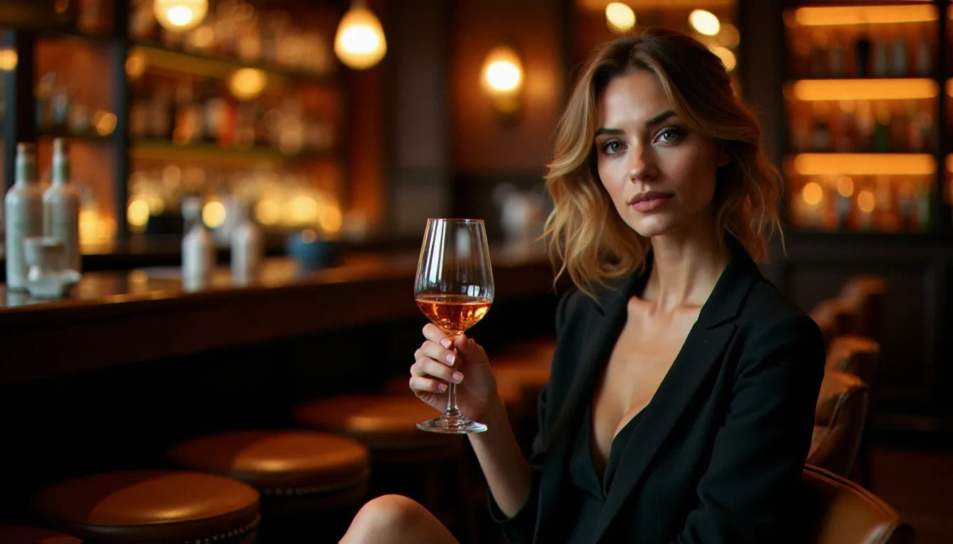Femme élégante d'une quarantaine d'années assise au comptoir d'un cougar bar parisien au décor chaleureux et tamisé
