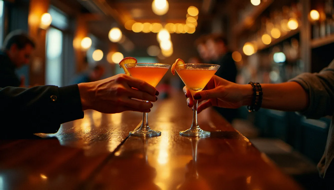 Deux verres de cocktail sur un comptoir de bar parisien en soirée, symbolisant une rencontre dans un cougar bar à Paris