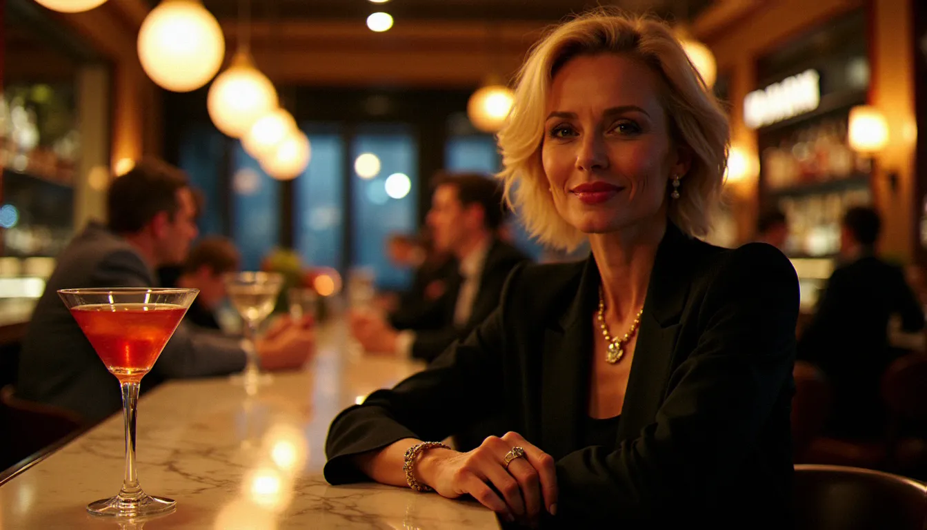 Femme élégante dans la quarantaine assise au comptoir d'un cougar bar à Paris, atmosphère feutrée et lumière chaude