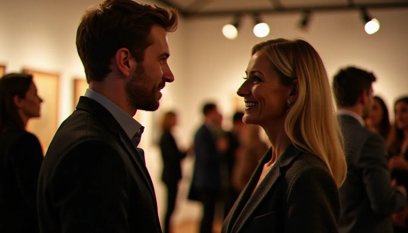 Homme jeune et femme mûre en pleine conversation lors d'un vernissage, illustrant l'attirance et la complicité dans une rencontre cougar