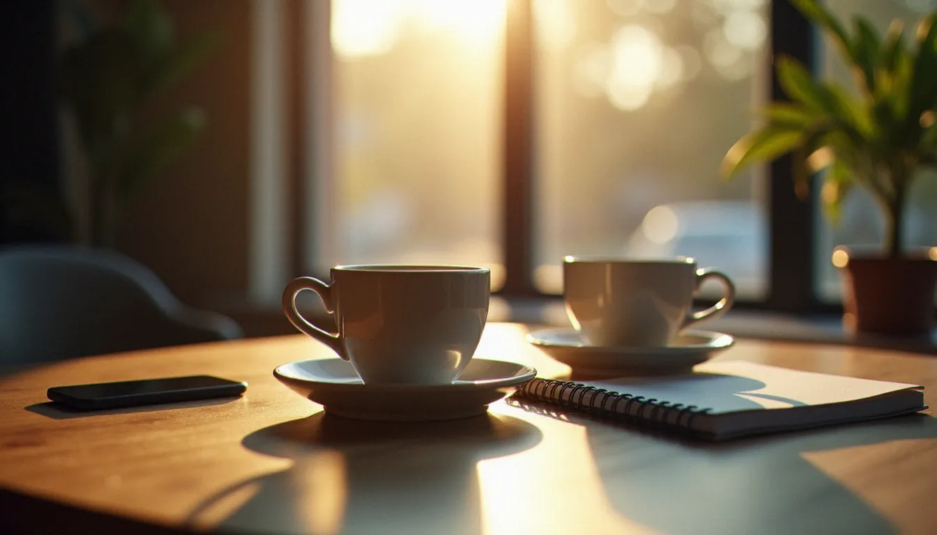 Table de café intime avec deux tasses, carnet et téléphone, évoquant un rendez-vous de séduction et les codes discrets d'une relation cougar