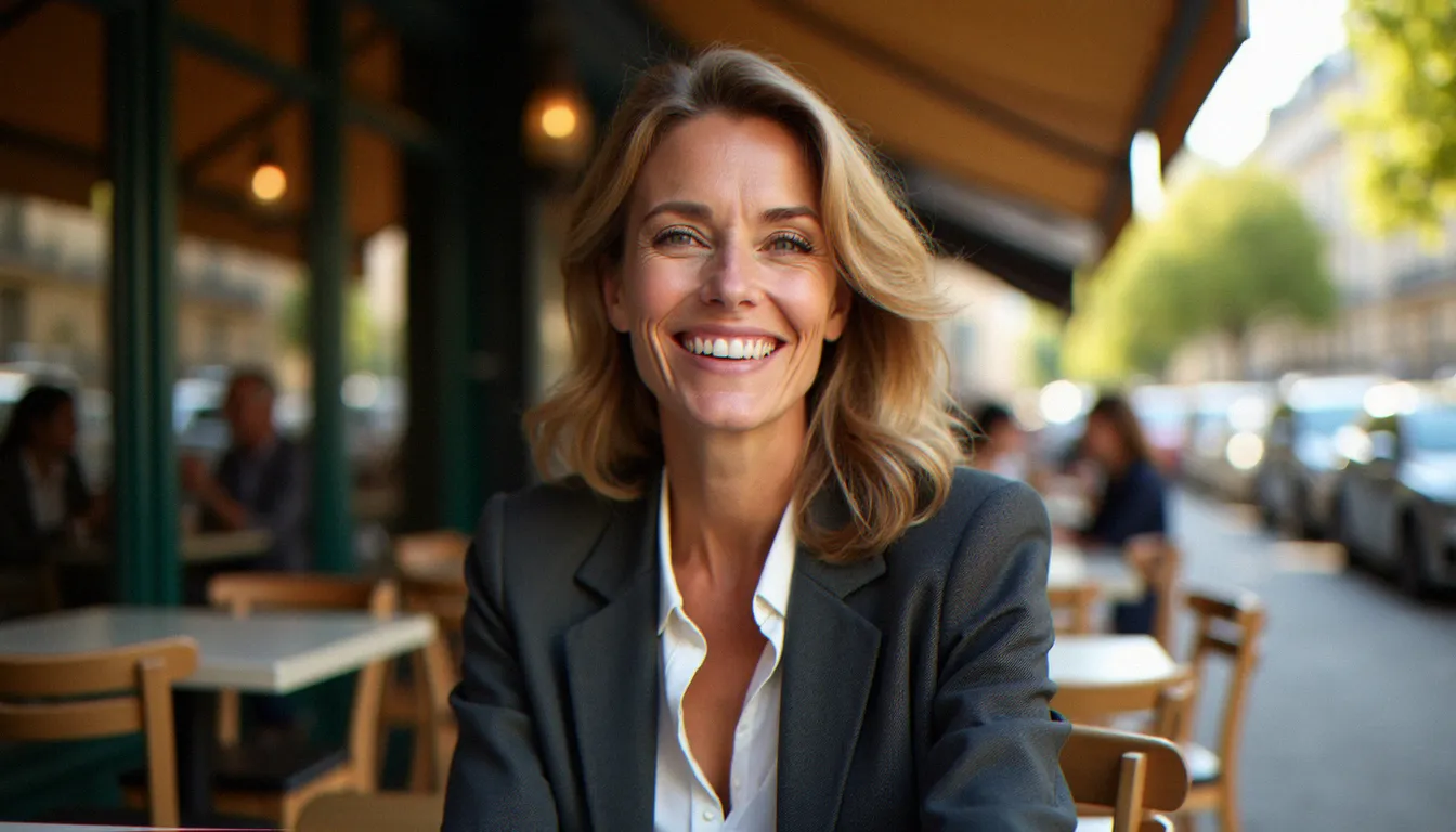 Femme cougar élégante attablée en terrasse à Paris, incarnant la séduction mûre et la confiance en soi dans une relation cougar pour homme