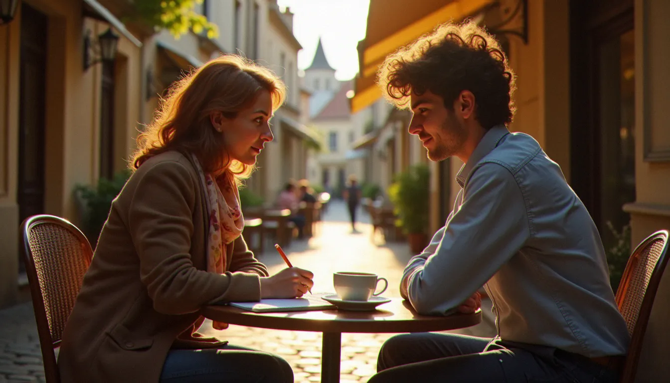 Une femme mûre et un homme jeune en pleine conversation à une terrasse de café dans une ville de province, lumière dorée en fin d'après-midi.