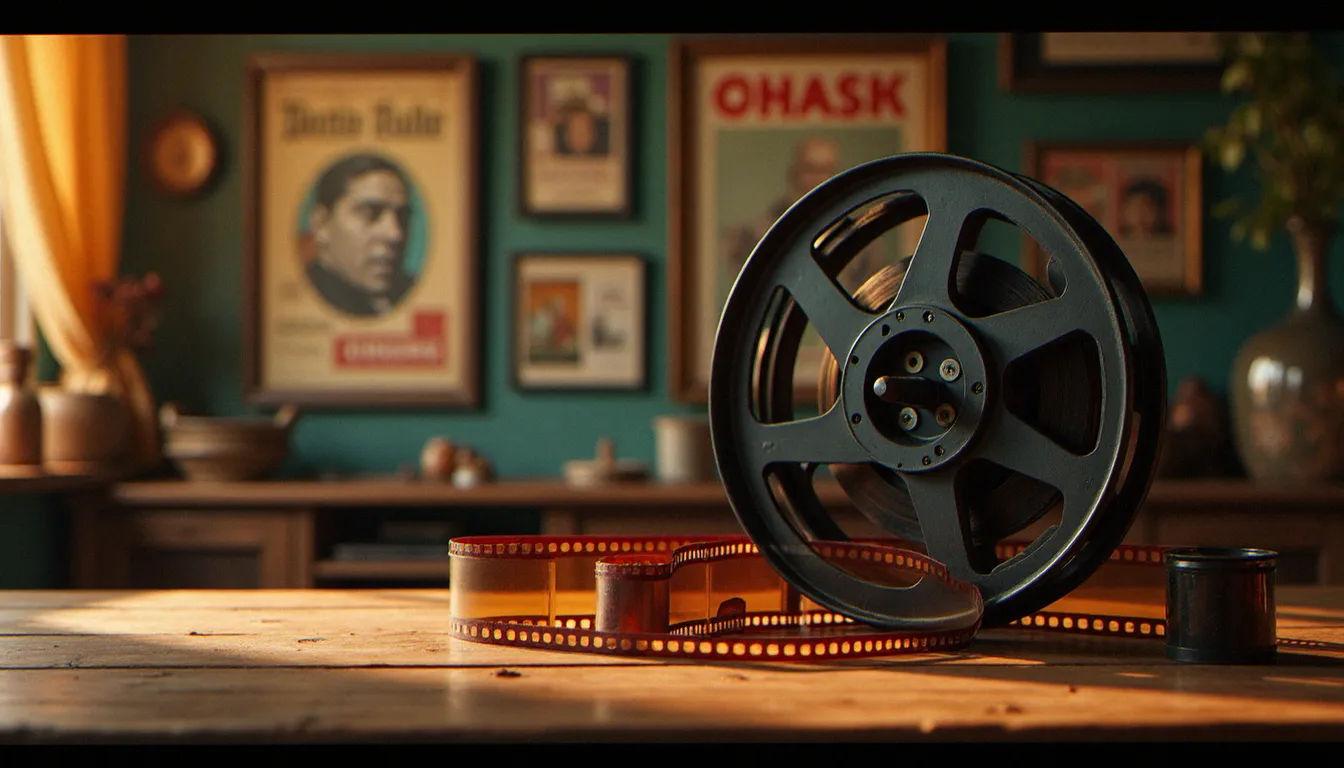 Bobines de films vintage et accessoires de cinéma évoquant l'histoire du movie cougar depuis les années 1960