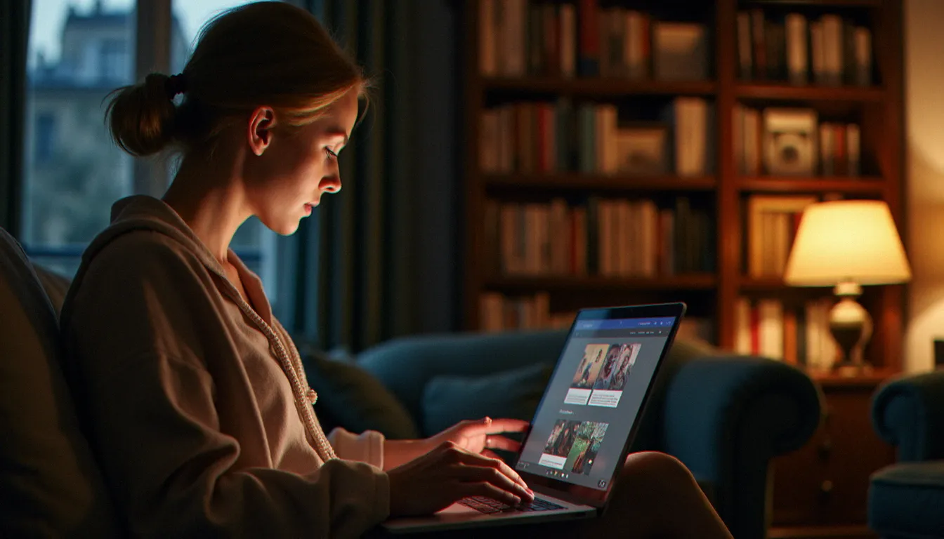 Femme mûre parisienne explorant des movies cougar sur une plateforme de streaming depuis son appartement chaleureux