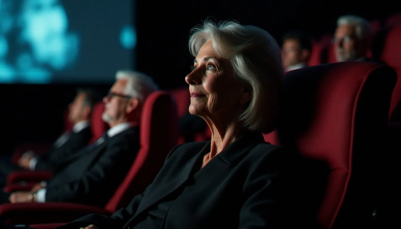 Femme mûre élégante regardant un movie cougar dans une salle de cinéma, lumière tamisée de l'écran éclairant son visage