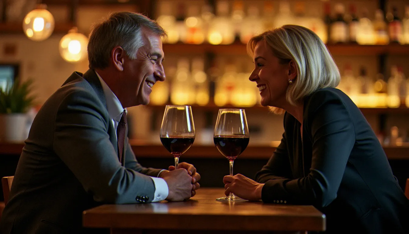 Un homme jeune et une femme mûre partageant un moment complice dans un bar à vins, symbolisant une rencontre cougar authentique