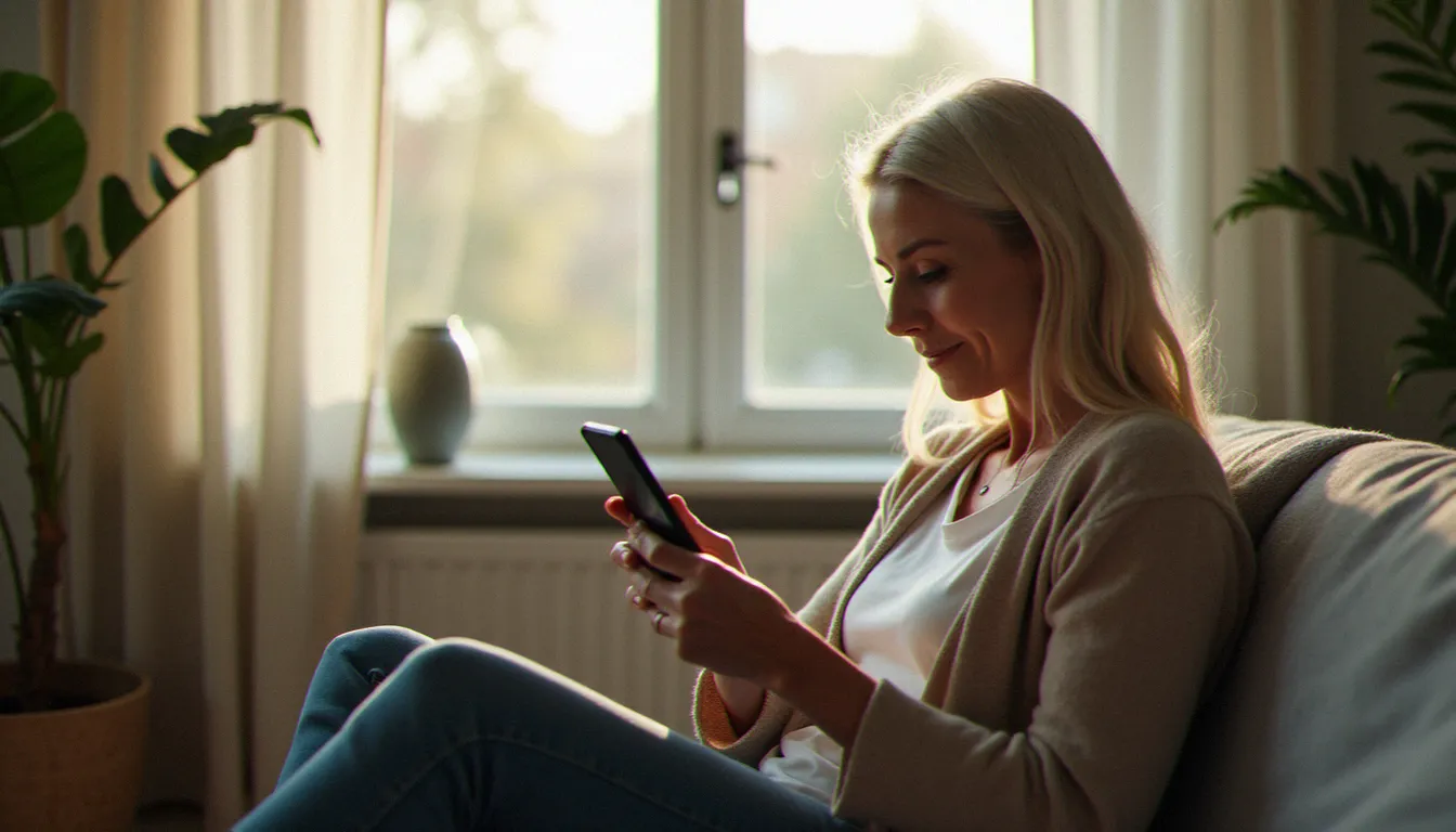 Femme mûre consultant une application de rencontres sur son téléphone dans un appartement moderne, illustrant la recherche en ligne d'une femme cougar