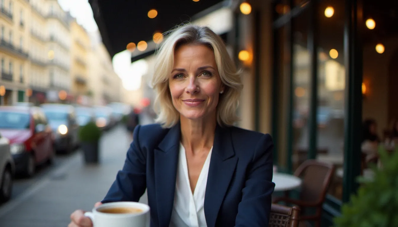 Femme élégante d'une quarantaine d'années attablée à la terrasse d'un café parisien, illustrant le profil d'une femme cougar épanouie en France