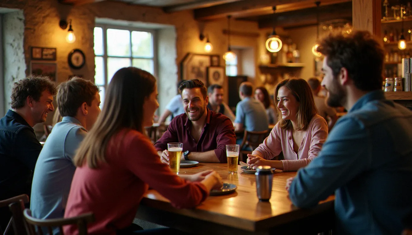 Bar animé du centre-ville de Cherbourg avec un groupe de personnes de différents âges en train de discuter, illustrant les lieux de rencontre locaux
