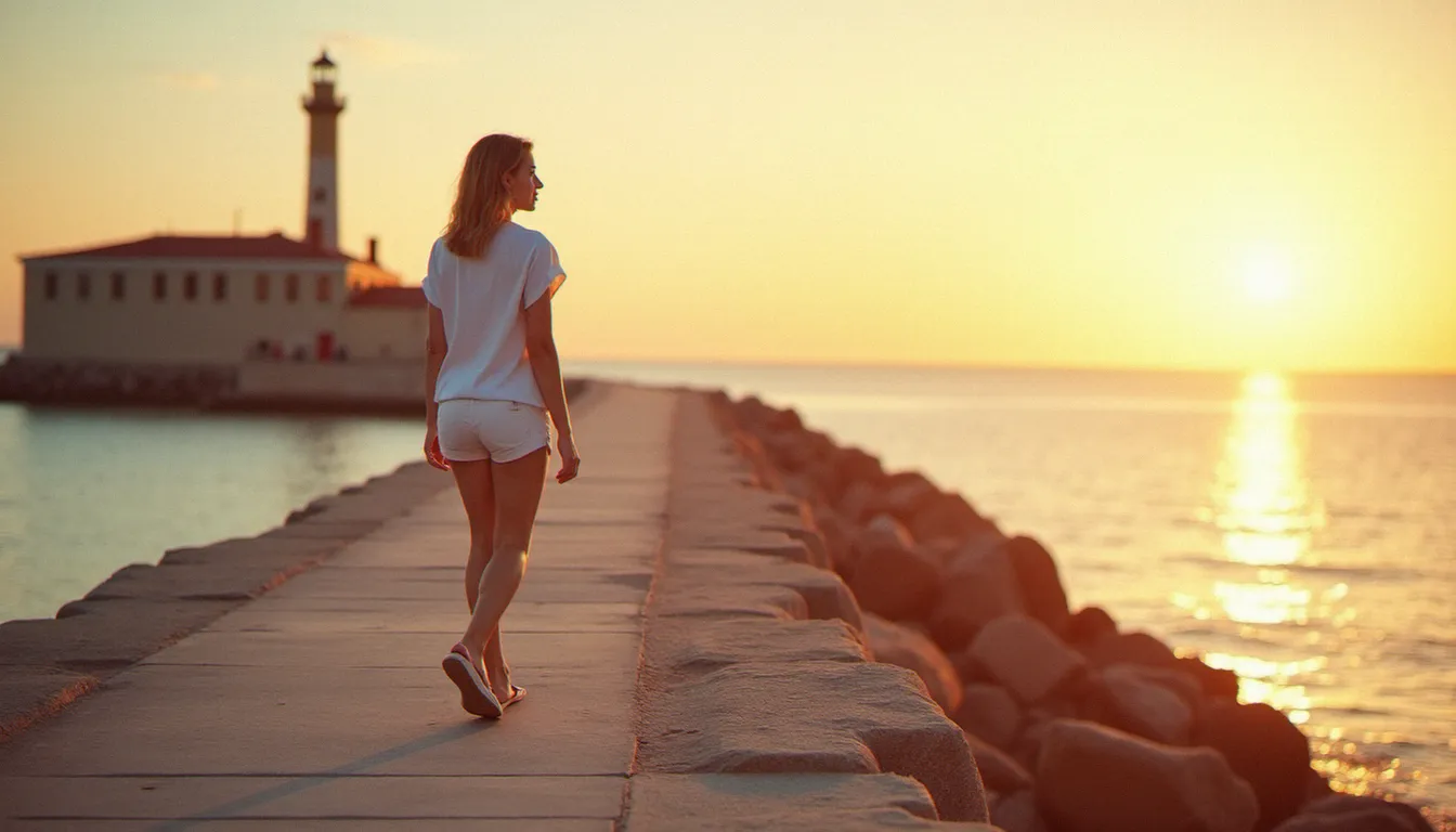 Femme d'une quarantaine d'années se promenant sur la digue de Cherbourg au coucher du soleil, symbolisant les rencontres naturelles en bord de mer