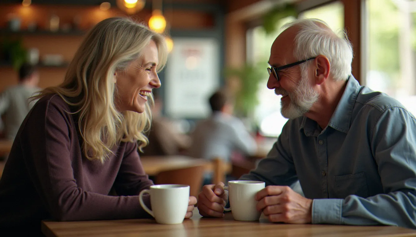 Deux personnes d'âges différents engagées dans une conversation authentique autour d'un café, illustrant la complicité dans une rencontre entre femme mûre et homme plus jeune