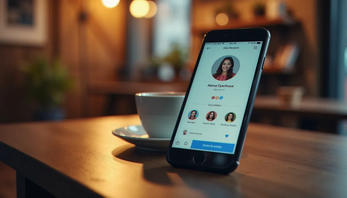 Écran de smartphone affichant une application de rencontre posé sur un bureau, illustrant la recherche de rencontre cougars en ligne