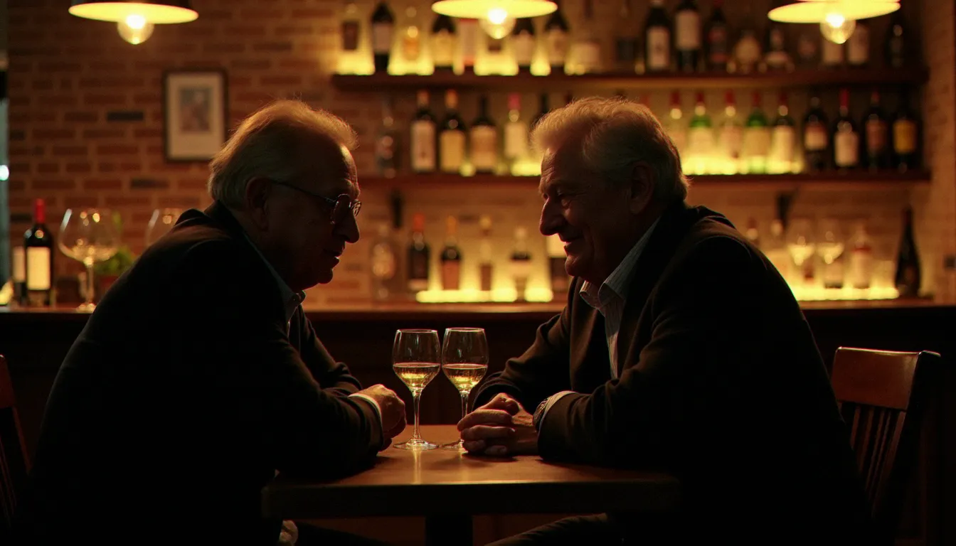 Deux personnes d'âges différents en conversation complice dans un bar à vins parisien, illustrant la dynamique d'une rencontre cougars authentique