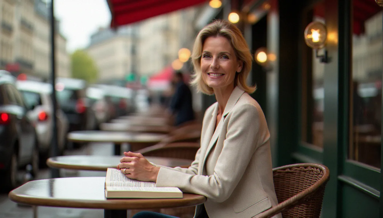 Femme mûre élégante assise en terrasse d'un café parisien, illustrant la confiance en soi associée à la rencontre cougars