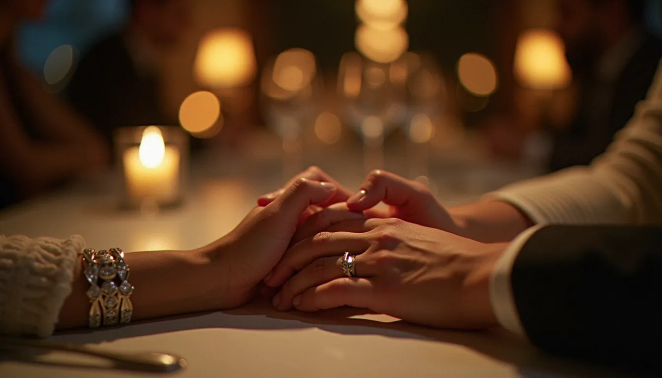 Mains d'une femme mature et d'un homme plus jeune se touchant délicatement sur une table de restaurant