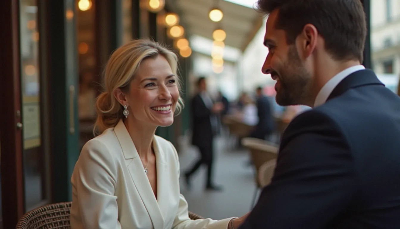 Femme mature et homme plus jeune en conversation à une terrasse de café parisien, illustrant les rencontres cougars homme